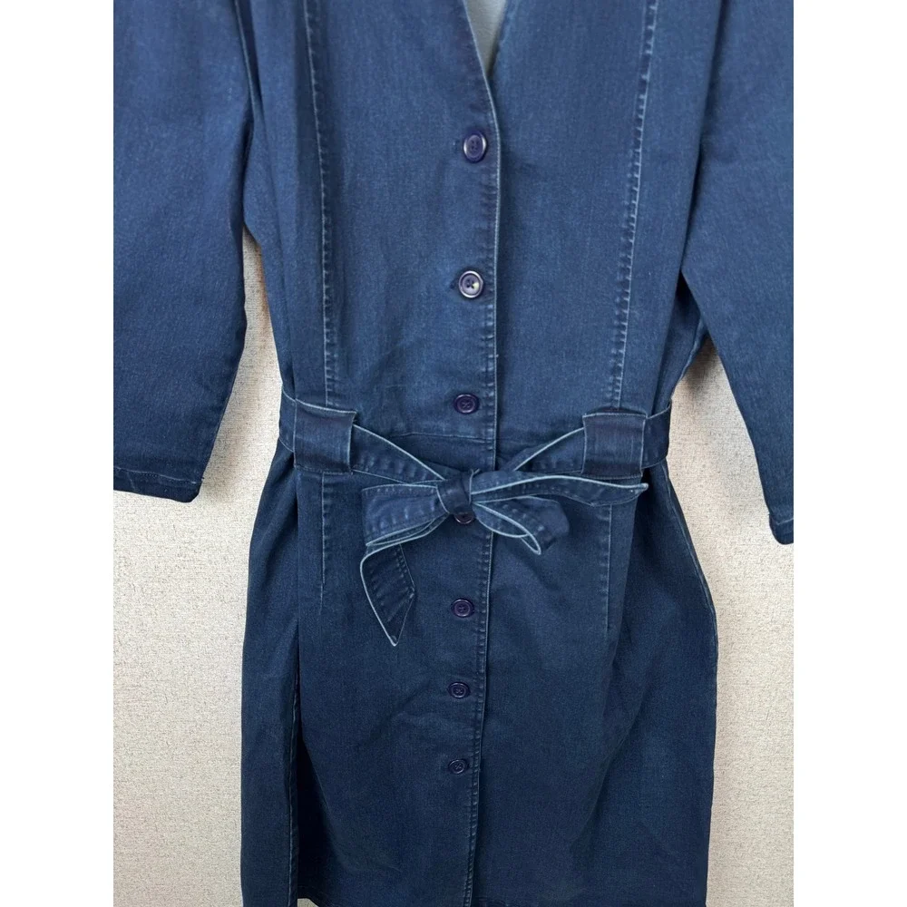 Vintage y2k Bedford Fair Dark Wash Denim Dress Size 14 Belted Button Front - Picture 2 of 5
